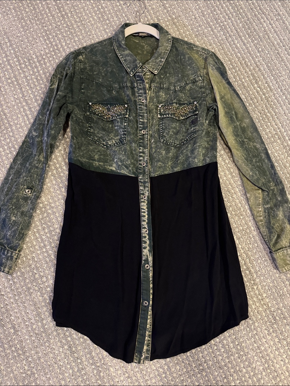 Miss Me Green Acid-Wash Denim Top with Black Knit Bottom Button-Down